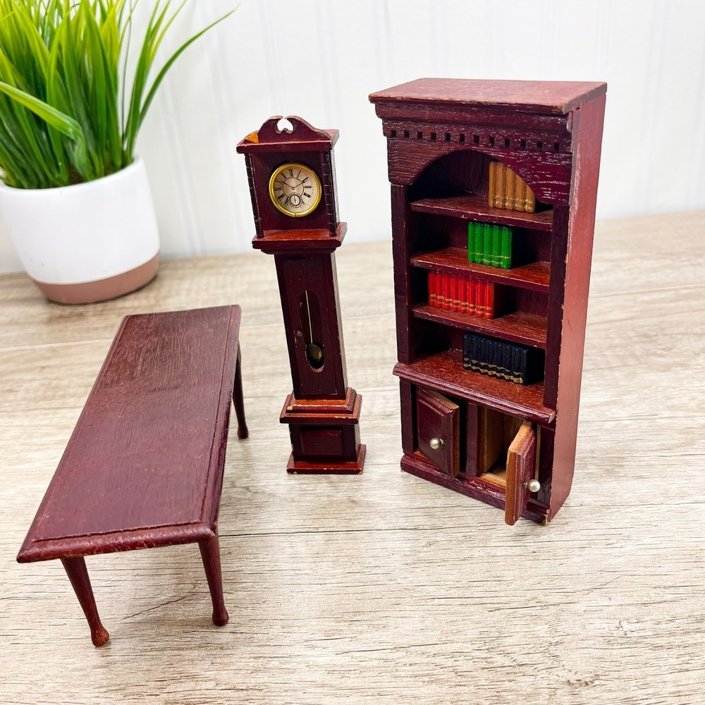 Miniature wooden dollhouse furniture - Red Mahogany Shelf, Clock,‎ Table & Books
